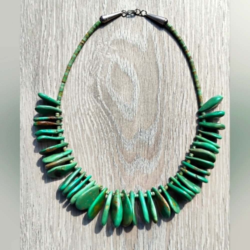 Ancient Green Royston Turquoise Necklace Navajo Hallmark Sterling Silver